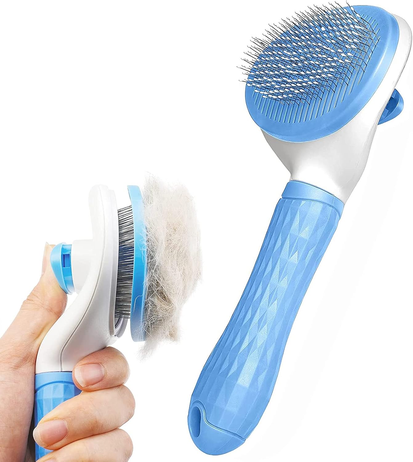 Elezenioc Dog Brush Cat Grooming Comb,Self Cleaning Slicker Brushes with Smooth handle,Pet Tool Button for Shedding Tools Massage Clean Tangled (Blue)