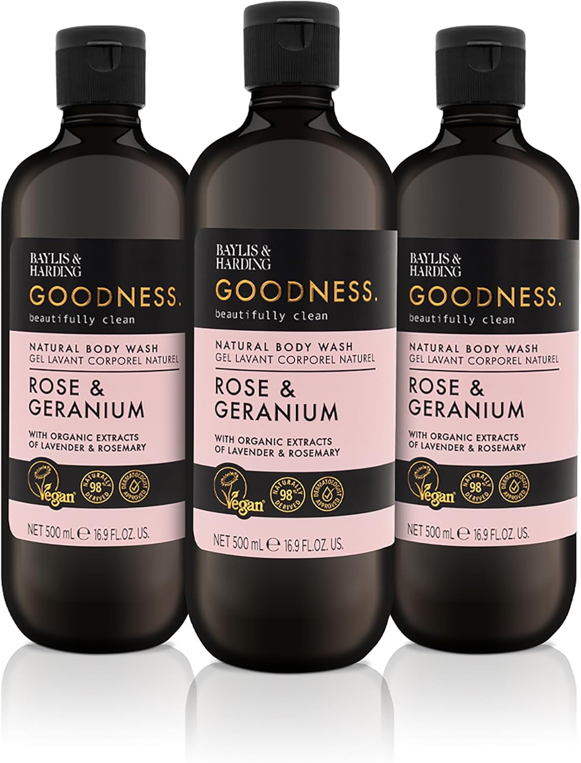 Baylis & Harding Goodness Rose & Geranium Natural Body Wash, 500 ml (Pack of 3) - Vegan Friendly
