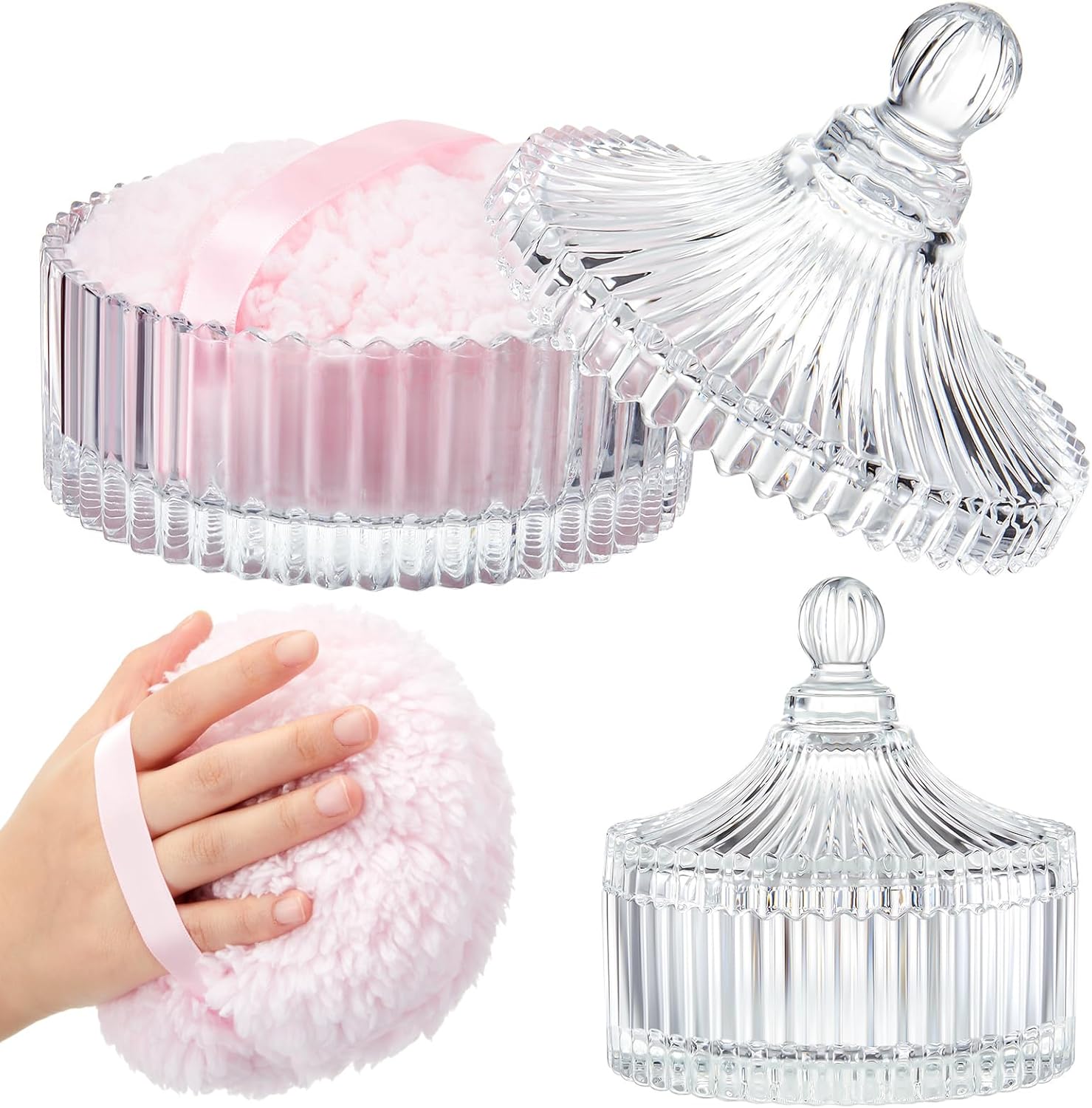 Tioncy 2 Pcs Extra Large Dusting Powder Puff and Container for Women-5.43'' Glass Crystal Dusting Powder Container with 5.91'' Body Soft Washable Reusable Velour Face(Clear)