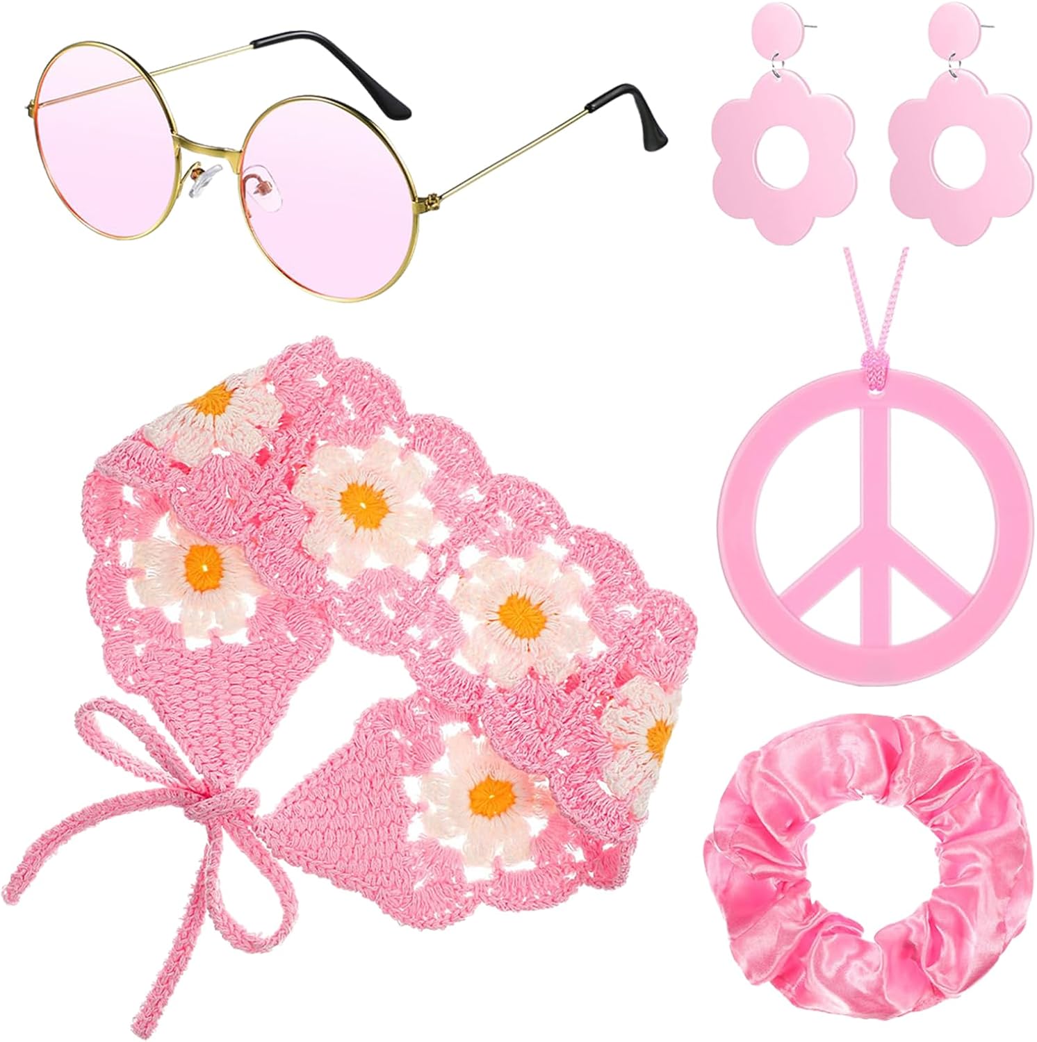 cadelon 5 Sets of Hippie Pink Clothing Accessories, Sunflower Headscarf, Chrysanthemum Hair Accessory, Peace Symbol Earrings, Necklace, Round Glasses, Hippie Party Accessories, Retro Clothing Party