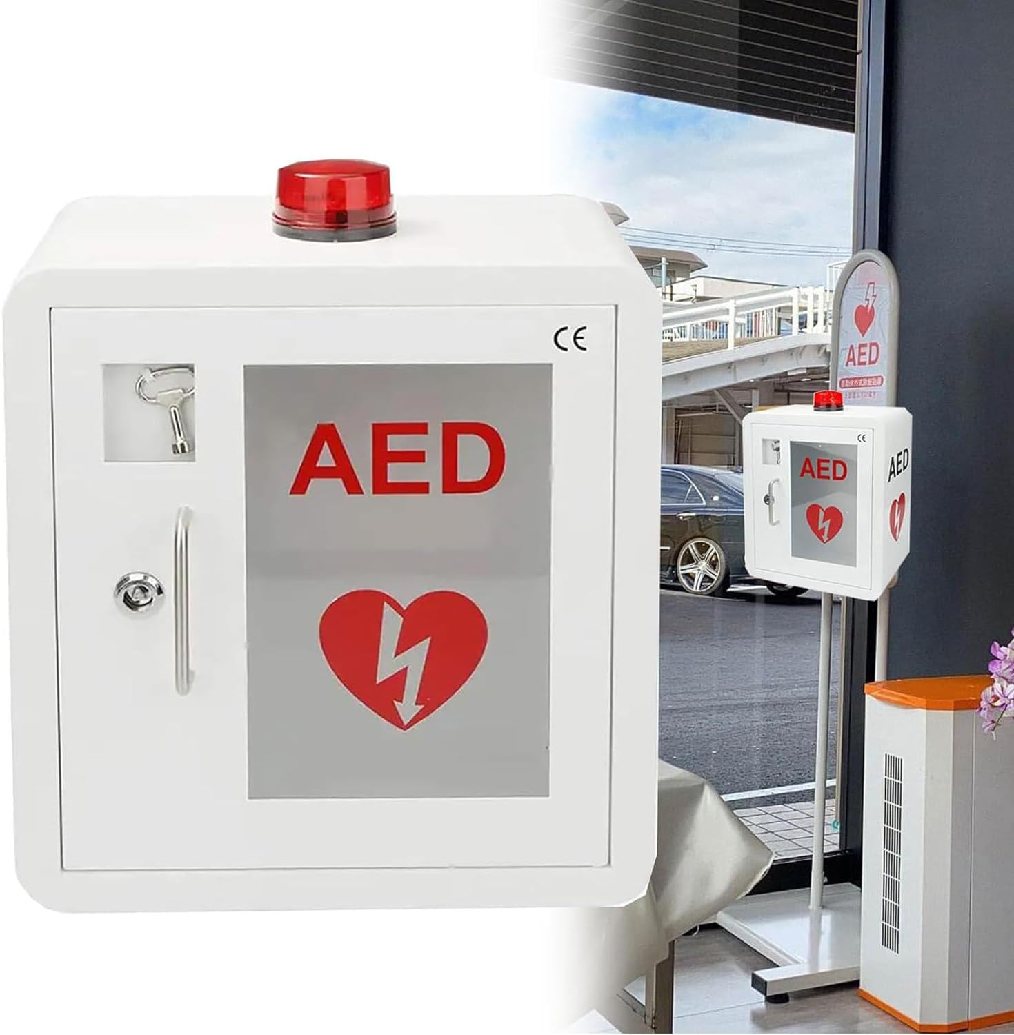 Wall-mounted Steel Cardiac Defibrillation Alarm Box AED Defibrillator Storage Cabinet, AED Cabinet with Alarm Emergency Strobe Light, for Emergency at Home, Office and Public Places