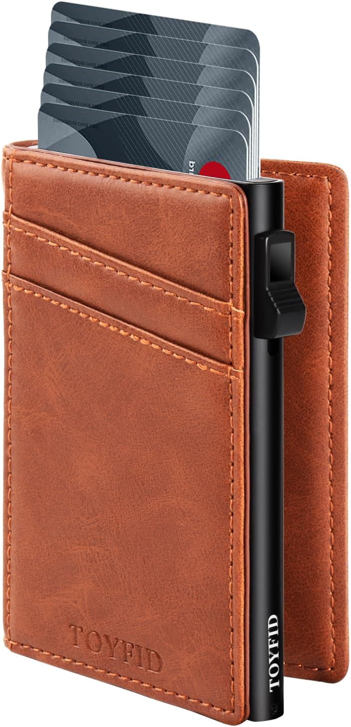 Minimalist Wallet for Men,Slim Pop Up Wallet for 6-8 Credit Cards, Card Holder Wallet for Men,Billfold RFID,Genuine Leather,Slim Wallet for Men, Brown