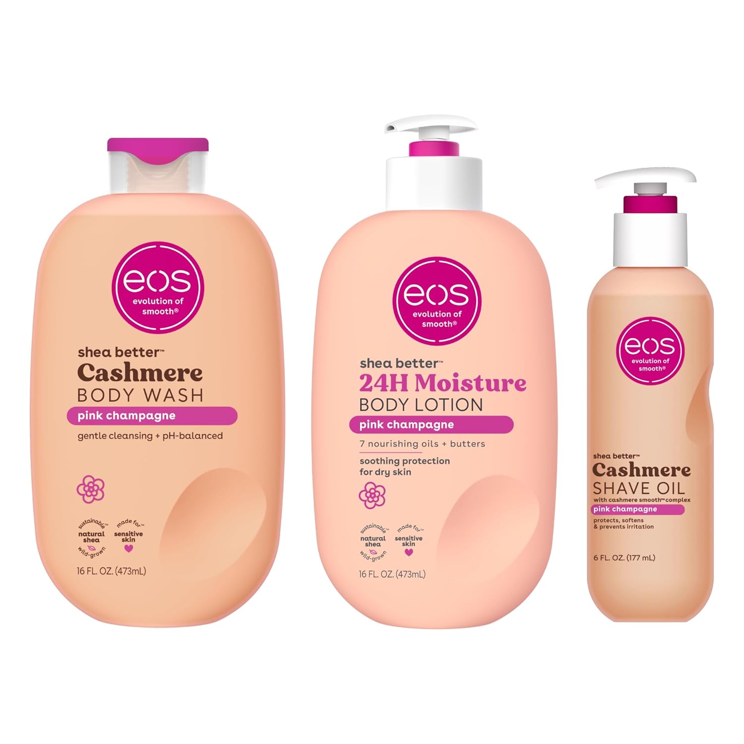 eos Shower Essentials Bundle- Body Lotion, Body Wash, Shave Oil - Pink Champagne
