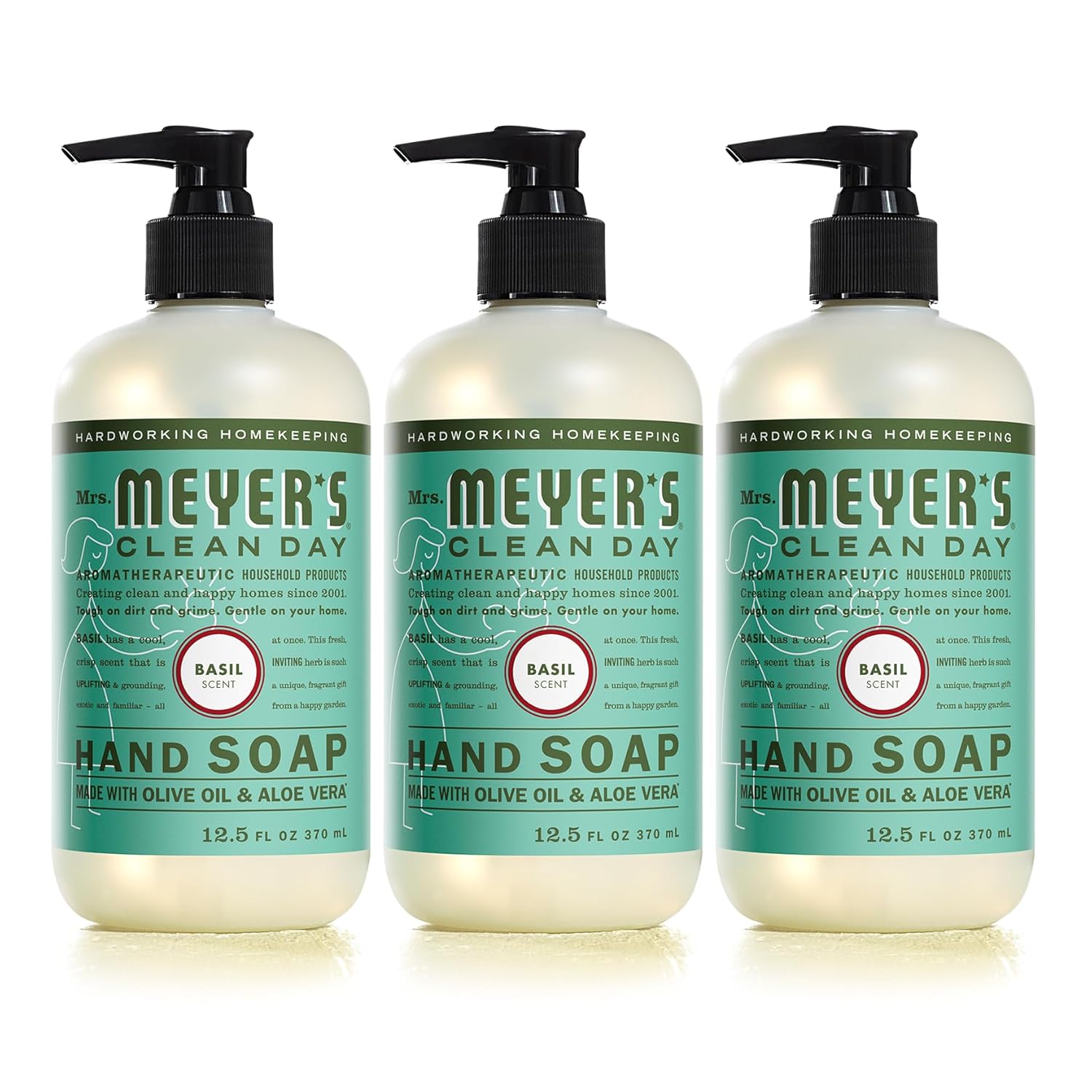 MRS. MEYER'S CLEAN DAY Hand Soap, Made with Essential Oils, Biodegradable Formula, Basil, 12.5 fl. oz - Pack of 3
