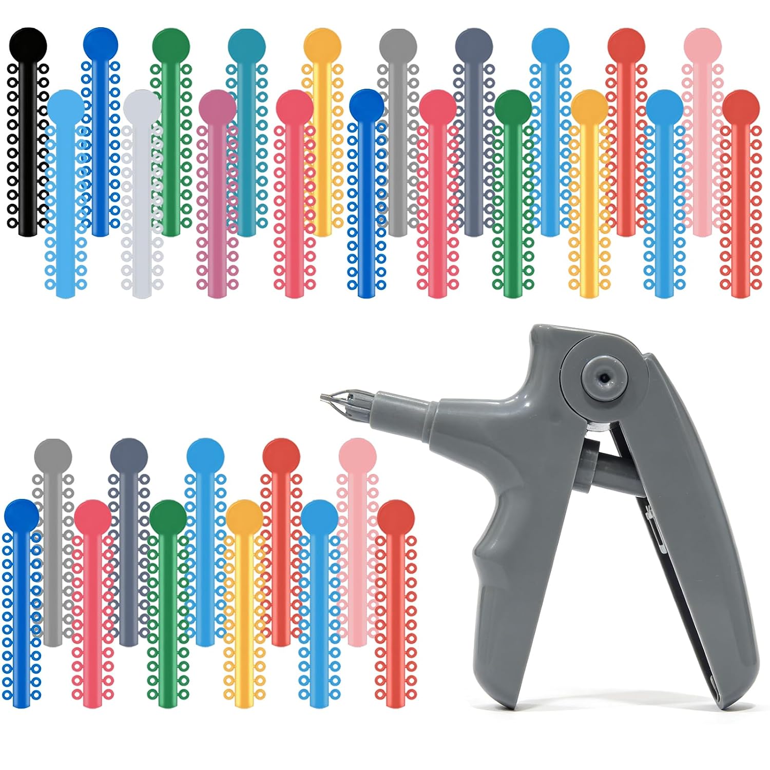 Grey Orthodontic Ligature Gun with Orthodontic Ligature Ties Kit with Ligature Gun 1040PCS Multi-Color Dental Braces Rubber Bands Super Elastic Orthodontic Ring Dispenser Tool