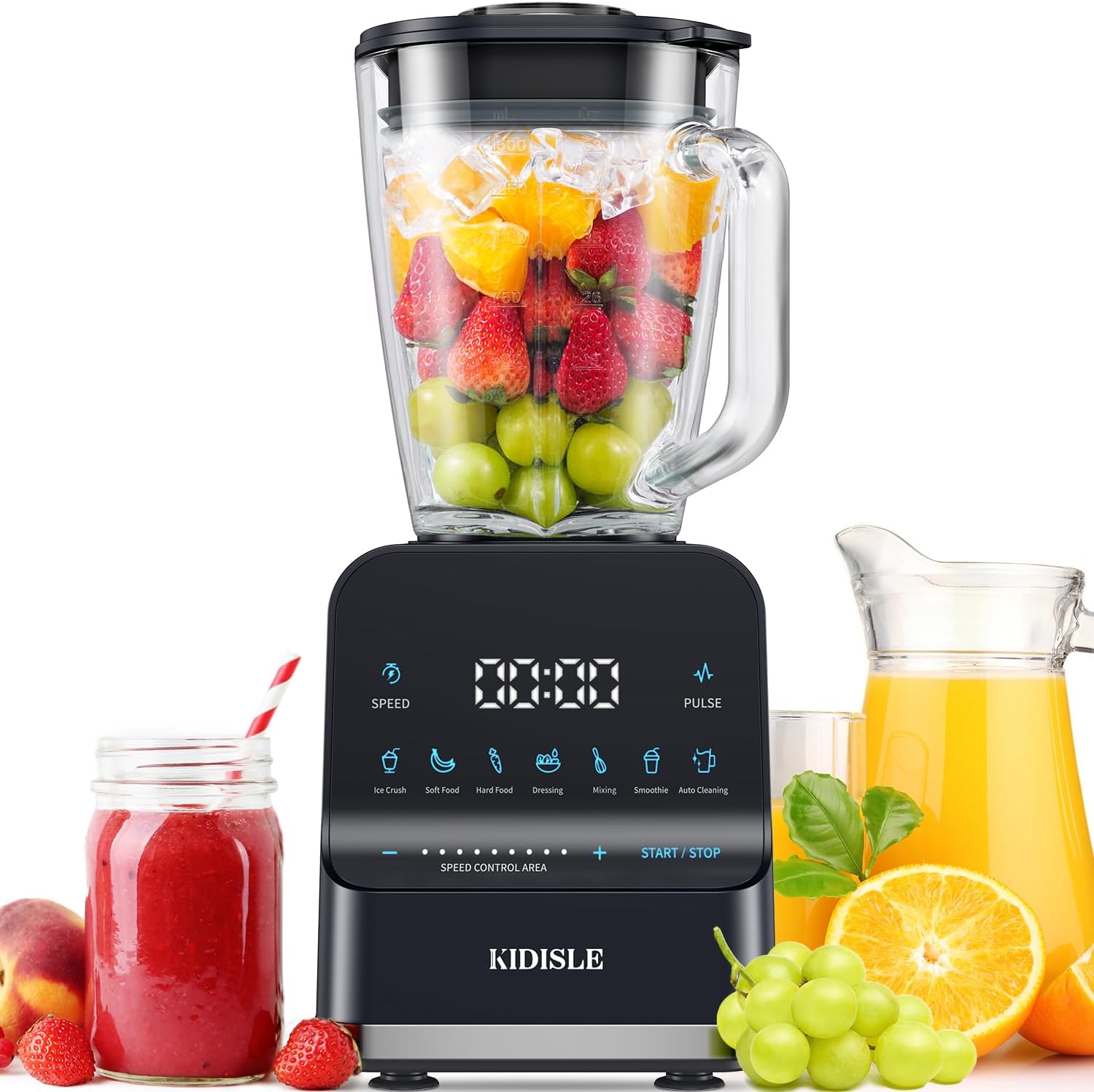 Professional Smoothie Blenders, 1200W Powerful Blender for Shakes and Smoothies, 52oz Glass Jar, Puree, Ice Crush,Touchscreen for 7 Functions & 9 Speeds Plus Pulse, Dark Gray