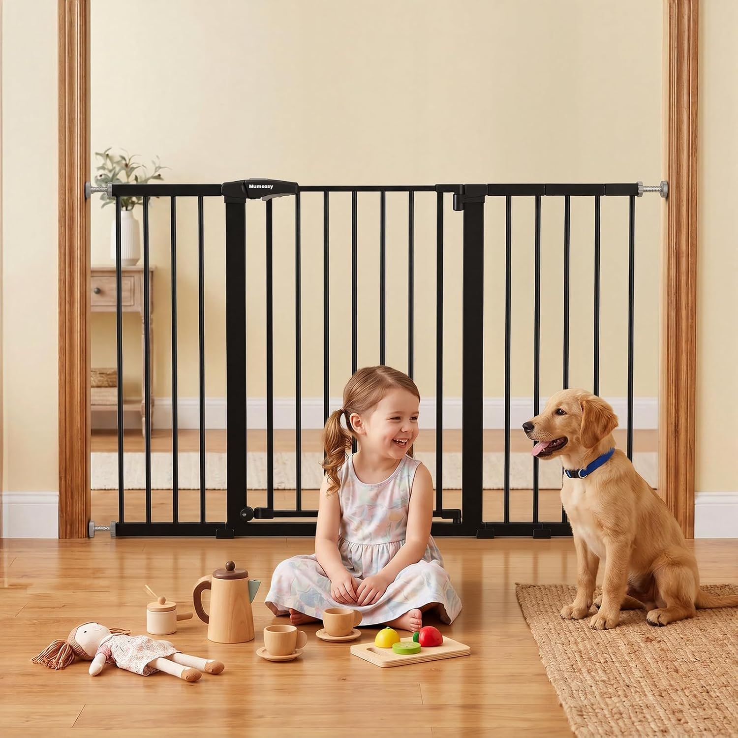 Mumeasy 36" Extra Tall Baby Gate for Doorways, 29.7"-57" Extra Wide Dog Gate for Stairs, Pressure Mounted Auto Close Pet Safety Gate with Easy Walk Thru Door, Large Indoor Child Gate for House, Black