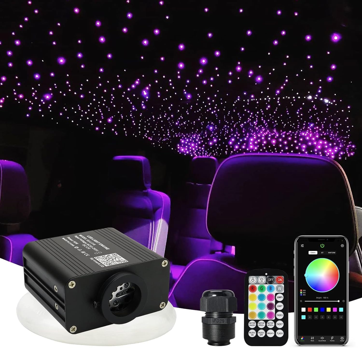 Updated 16W RGBW Fiber Optic Light Twinkle&Sound Activated Mixed 430pcs 9.8ft Cables APP Remote Music Control Car Home Starlight Headliner Star Ceiling Light Kit 0.03in 0.04in 0.06in Strands