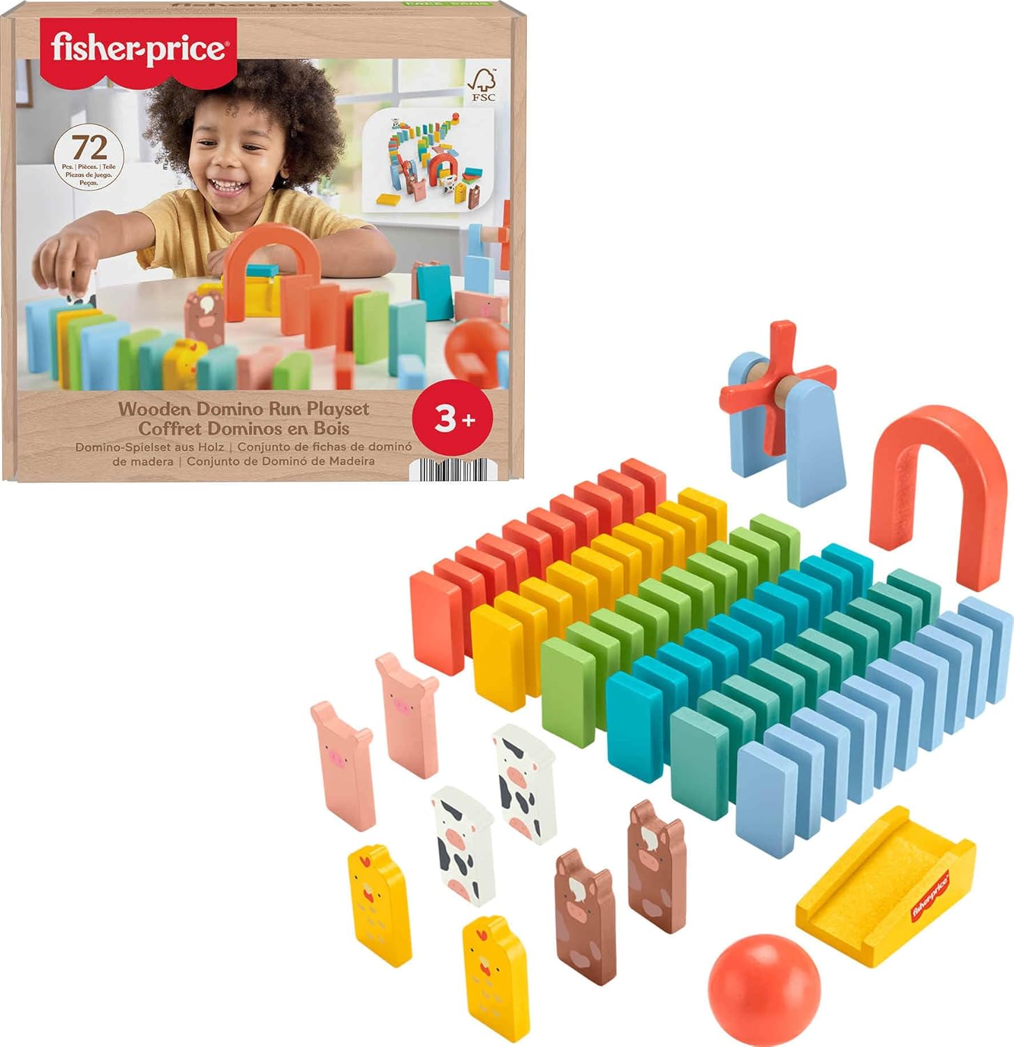 Fisher-Price Wood Preschool Game Domino Run Playset, 72-Piece Wooden Building Set for Kids Ages 3+ Years