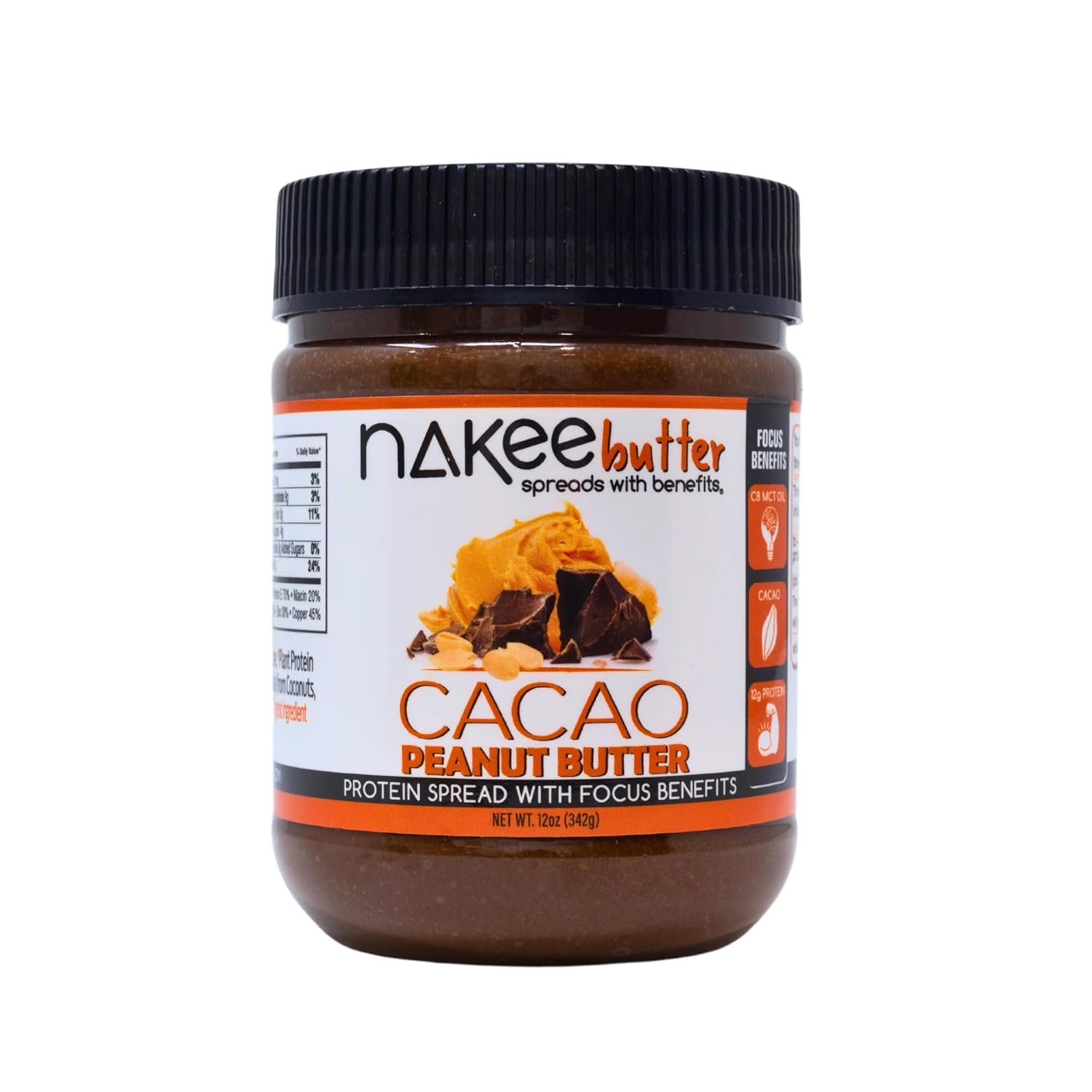 Nakee Butter: Focus Nut Butter, Keto Peanut Butter with Cacao & MCT Oil, High Daily Protein, Low Carb - On-The-Go Spread (12 Oz)
