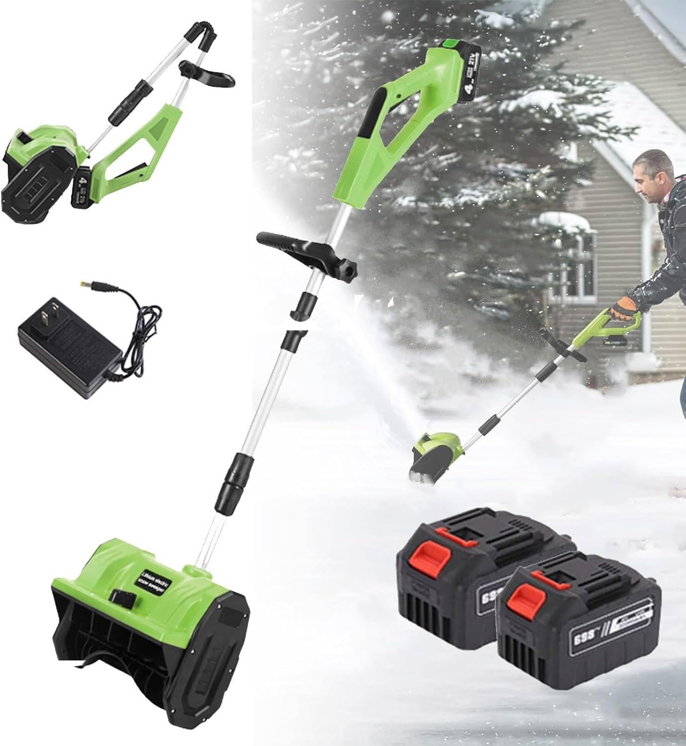 YLANMEI Electric Snow Shovel, Superhandy Snow Thrower/Power Shovel, Cordless Snow Shovel, Electric Shovel for Snow Removal, Portable Rechargeable (2 Batteries),Green
