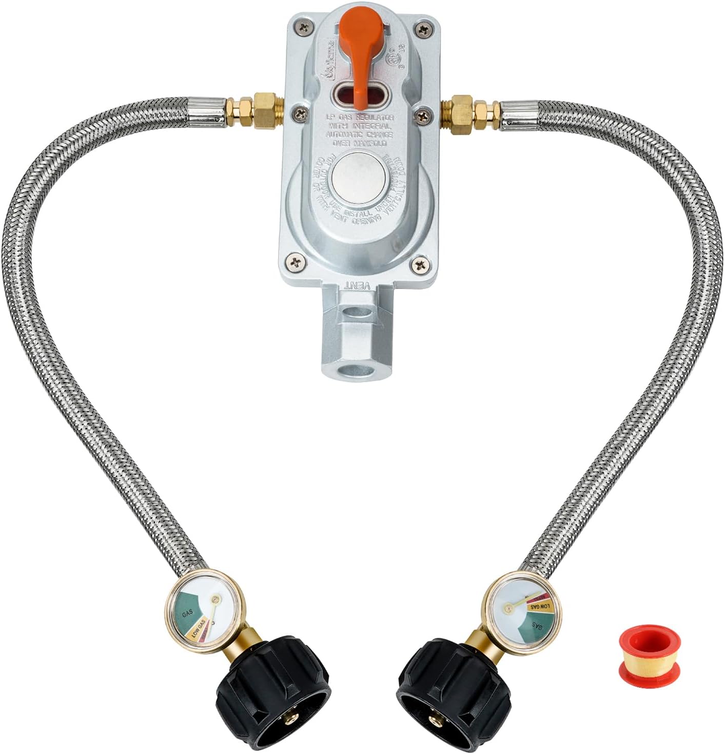 Skyflame 2-Stage Auto Changeover Propane Gas Rv Regulator Kit with 2PCS Gauges and 12-Inch Braided Connection Hoses for Dual Propane Tank RV Trailers Camper