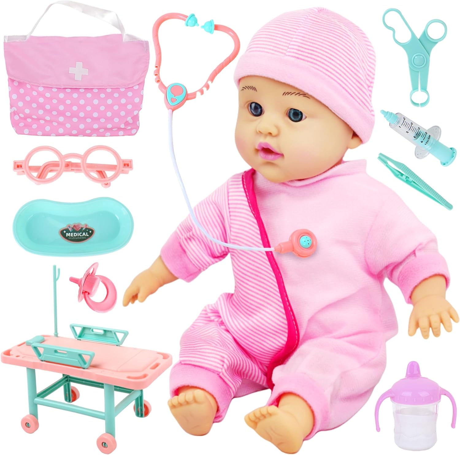SMILESSKIDDO Talking Baby Doll with Toy Doctor Kit for Kids - Soft Body Dolls & 10 Pcs Pretend Play Medical Doctor Playset for Toddler Boys Girls Ages 3 4 5 6+
