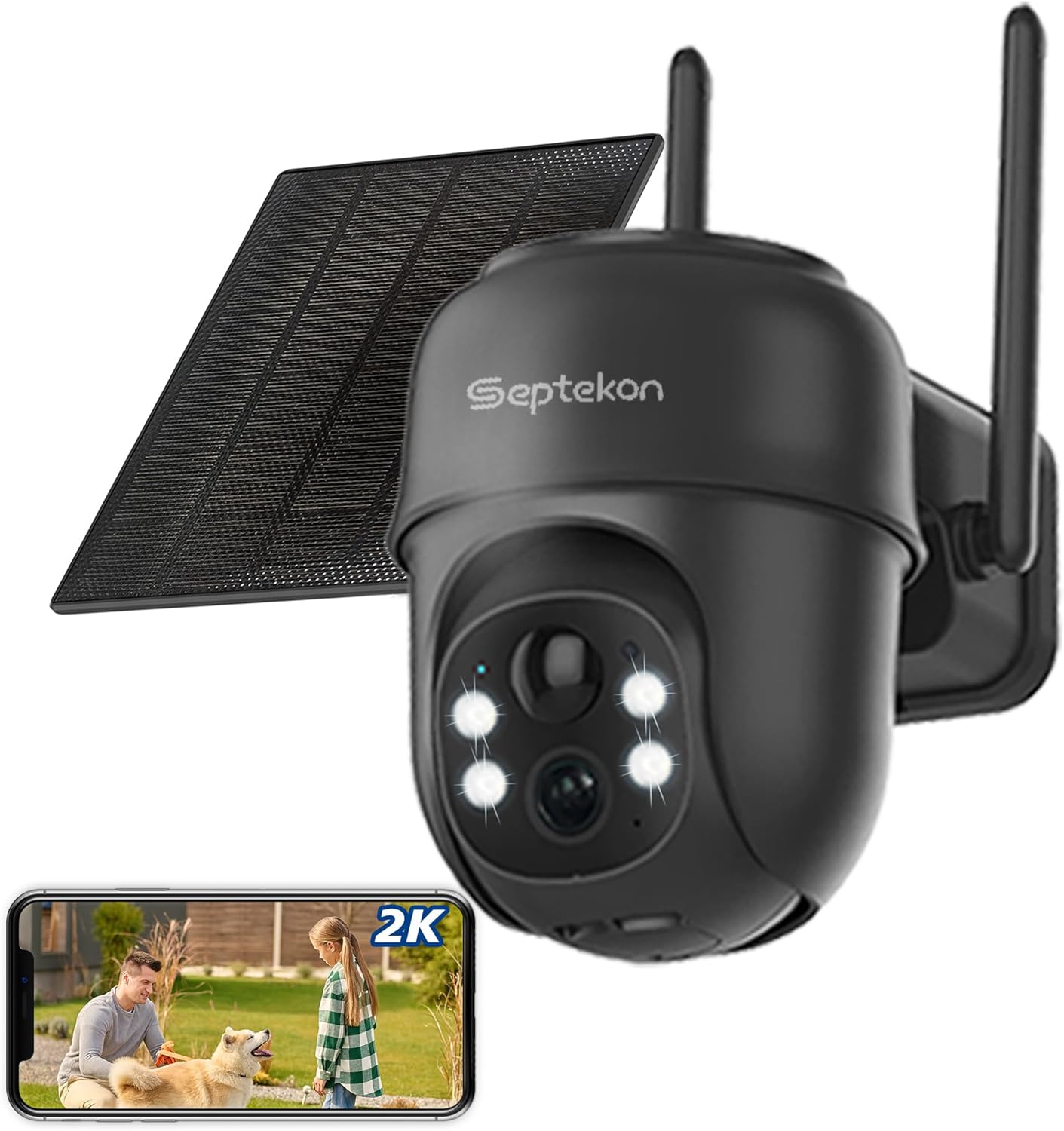 Septekon 2K Solar Security Cameras Wireless Outdoor, 360°PTZ Battery Powered Outdoor Camera, 2.4G WiFi Camera with Spotlight Color Night Vision, Motion Sensor Alarm, IP66-Black