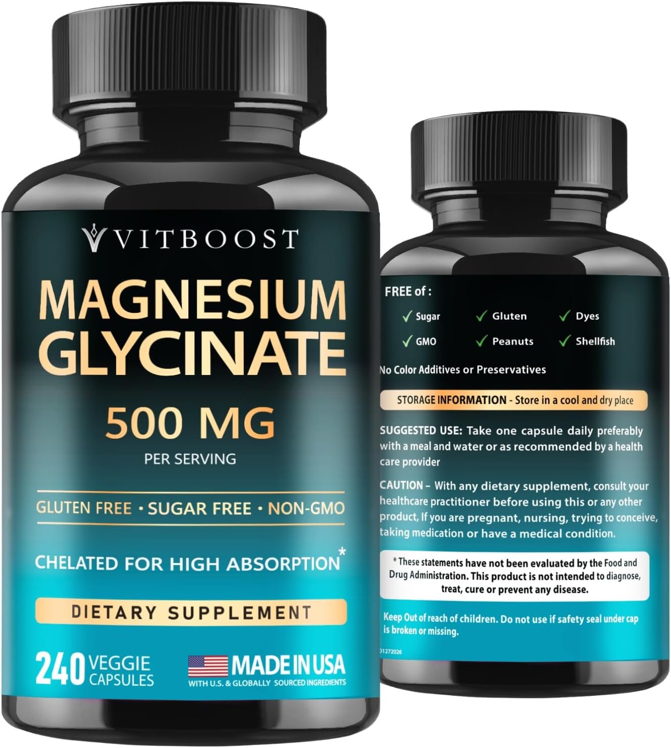 VITBOOST Magnesium Glycinate 500mg - Support Sleep 240 Veggie Capsules