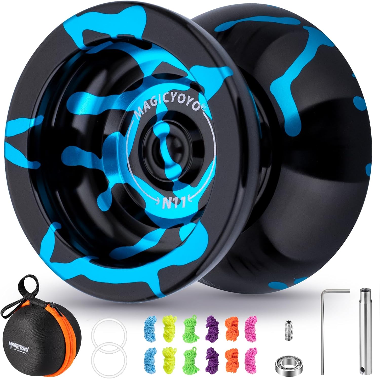 MAGICYOYO N11 Professional Yoyo, Trick Yo Yo for Beginner and Adults, Responsive & Unresponsive Yoyo for Long Spin Time, Pro Yo-Yo with 12 Strings, Weight Ring, Bearing Kit, Case (Black Blue)