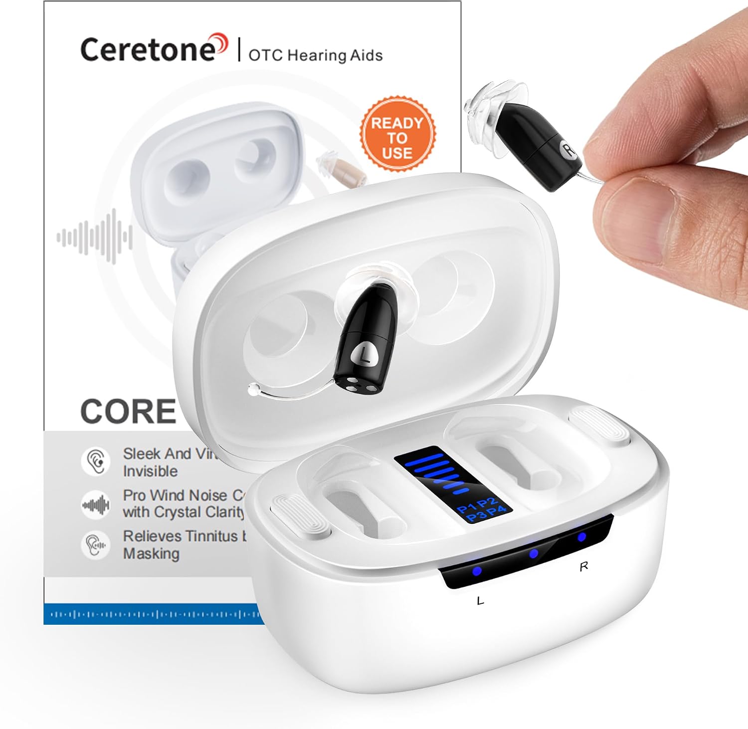 Ceretone Core One Pro OTC Hearing Aids for Seniors, Tiny Invisible Rechargeable Hearing Aids for Adults, Intricon® Digital Chip, Wind Noise Reduction, Auto On/Off, Easy Volume Control (Black)