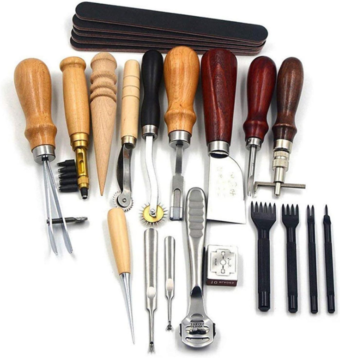Professional Leather Working Tools 19pcs Leather Craft Tool Kit with Metal Carving Tools for Leather Crafting DIY Projects Personalization Embossing Stamping Saddle Stitching