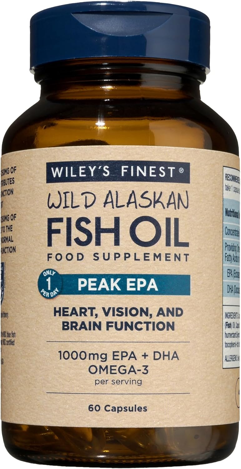 Wiley's Finest Wild Alaskan Fish Oil Peak EPA - Triple Strength Peak EPA and DHA - 1000mg Omega-3s, SQF-Certified - 60 Softgels (60 Servings)