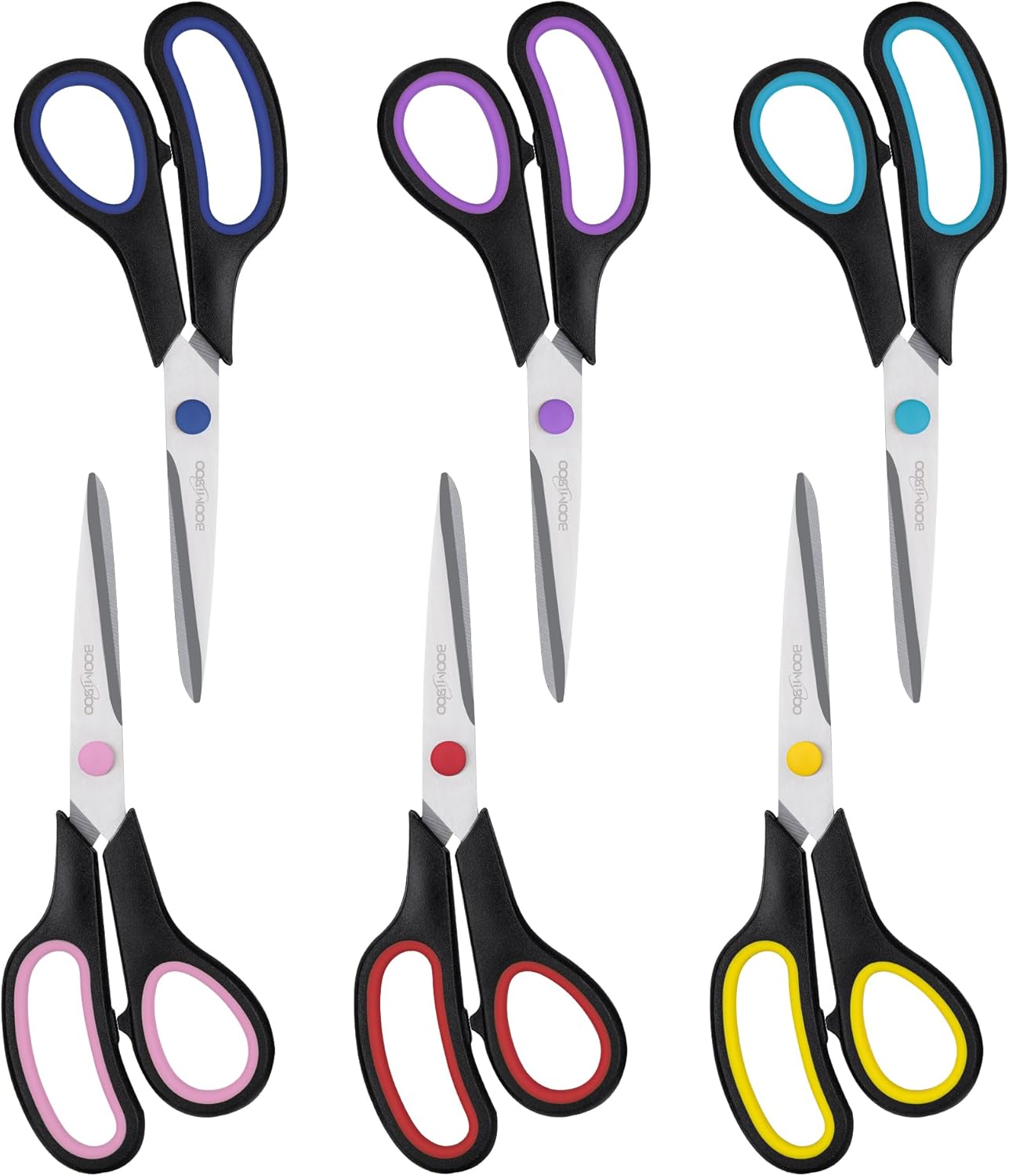 Scissors, BOOMIBOO 8" All Purpose 6 Pack - Comfort-Grip Scissors for Office Desk Accessories Sewing Fabric Home Craft School Supplies, Teacher/Class Supplies, Right/Left Handles