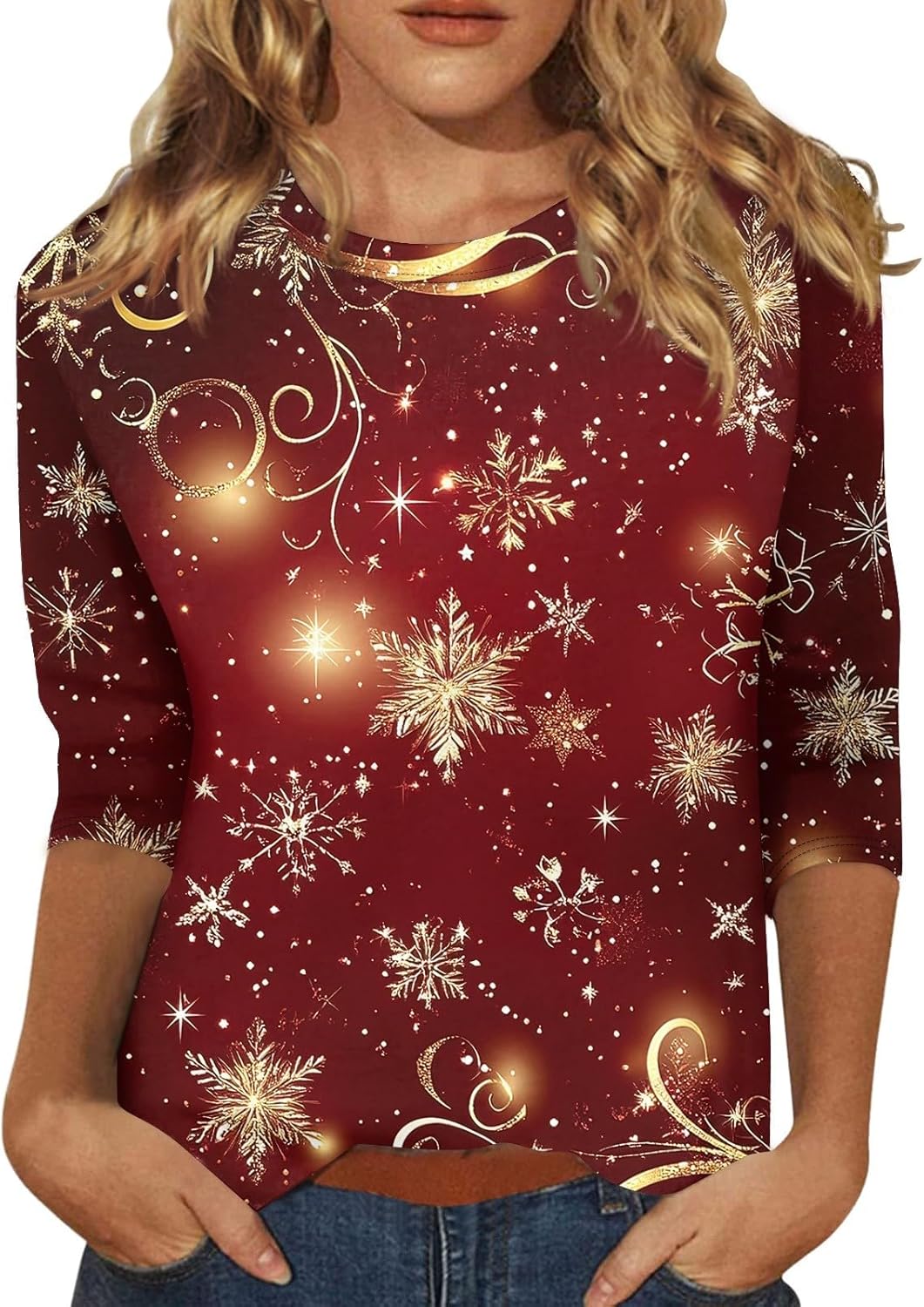 Xmas Shirts for Women Casual Ugly Christmas Tees Trendy 3/4 Sleeve Tops Workout Crewneck Tunic Blouse