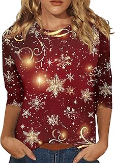 Xmas Shirts for Women Casual Ugly Christmas Tees Trendy 3/4 Sleeve Tops Workout Crewneck Tunic Blouse