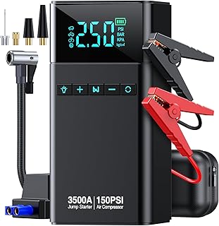 Portable Car Jump Starter with Air Compressor, 3500A 150PSI Car Battery Jump Starter Battery Pack (All Gas/10L Diesel), 12V Car Jump Box Car Battery Jumper Starter, Large LCD Display, 2 Lights