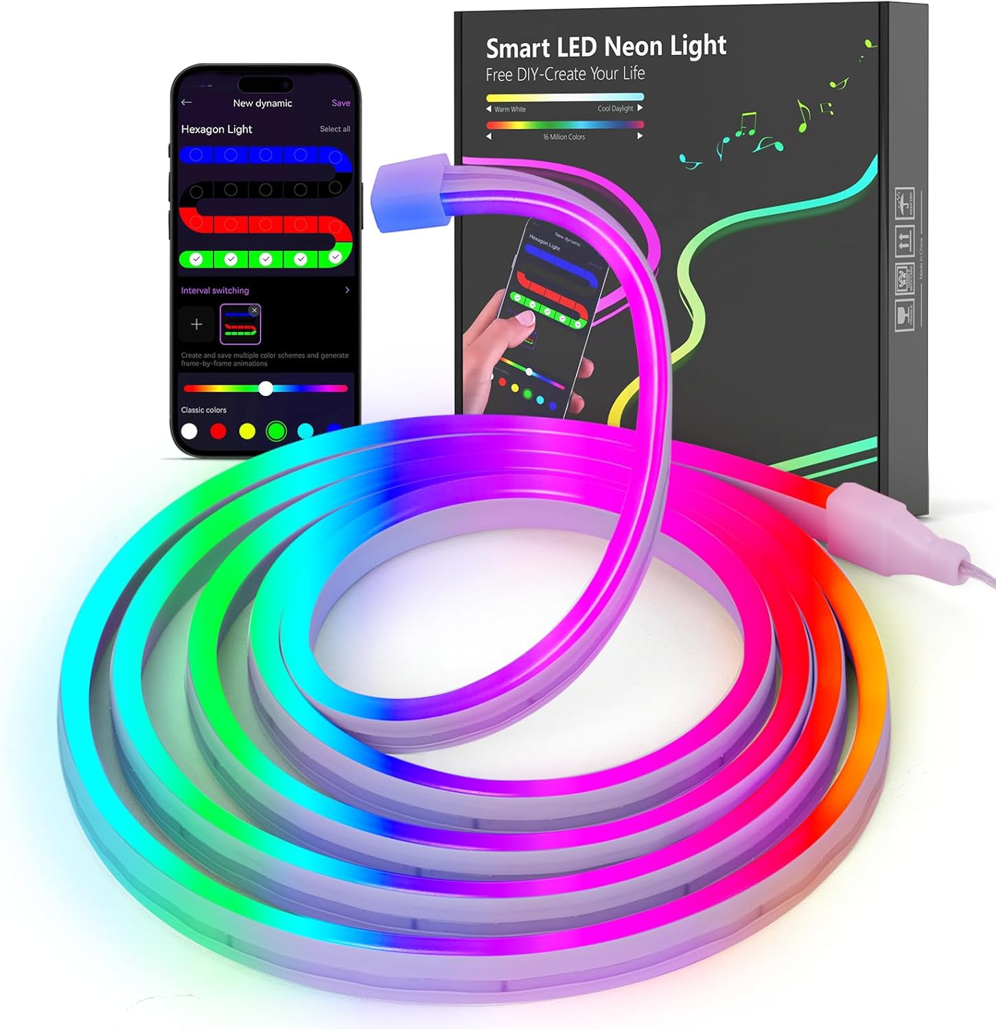 Kangtaixin 6.6FT/2M LED Neon Rope Lights, RGB LED Strip Lights App Control, Music Syncing, DIY Design for Bedroom, Living, Gaming, Kitchen, Indoor, Party Decoration