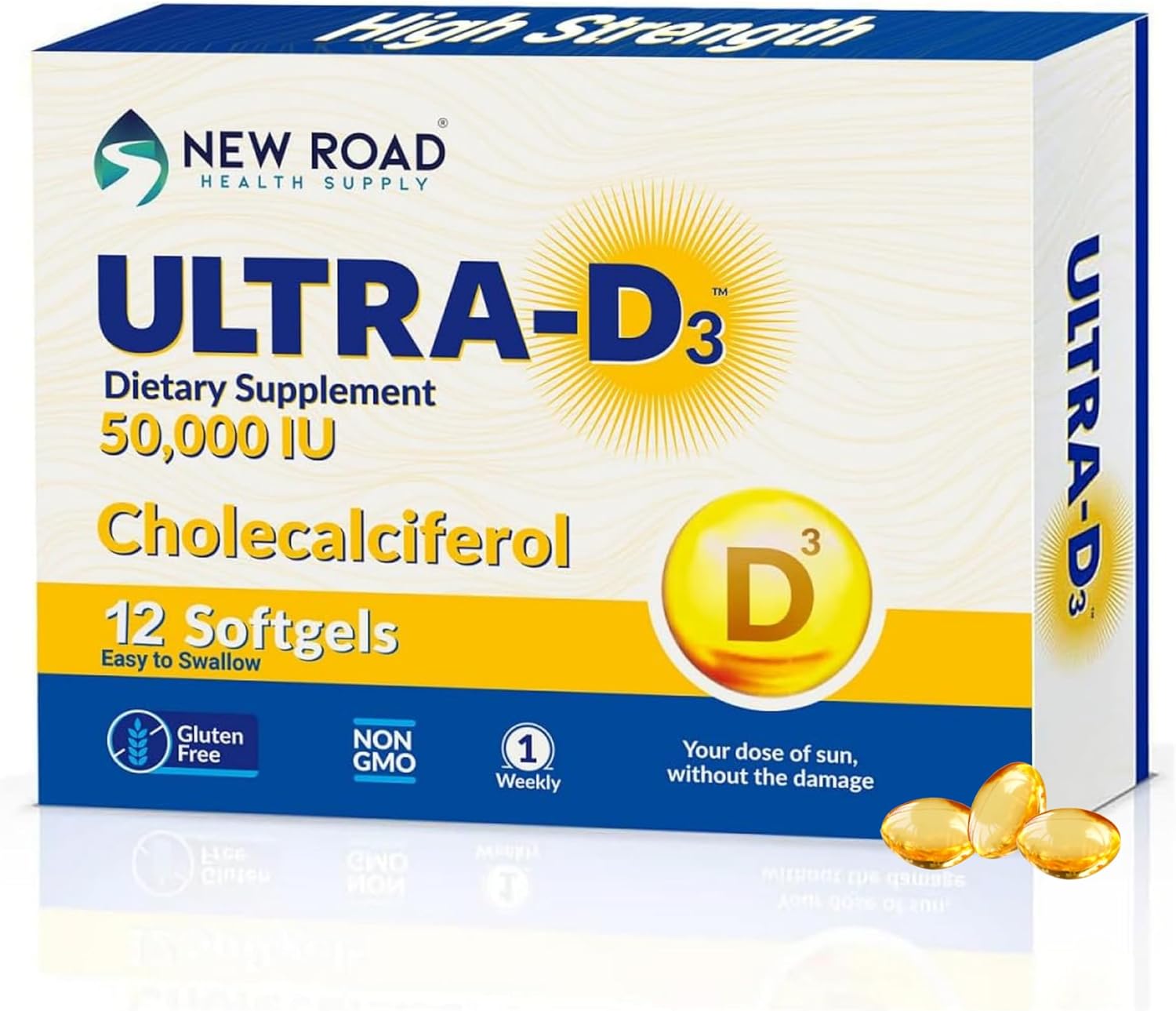 New Road Health Supply - Vitamin D 50000 IU, Once Weekly Dose, Easy to Swallow Vitamin D Softgel for Bones, Teeth, and Immune Support, Gluten Free,12 Count