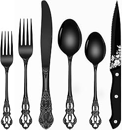 Black Silverware Set For 8, Ollex 48 PCS Retro Royal Silverware Flatware Set with Black Spoons Forks Knives Set, Mirror Polished Stainless Steel vintage Utensils Set, Dishwasher Safe