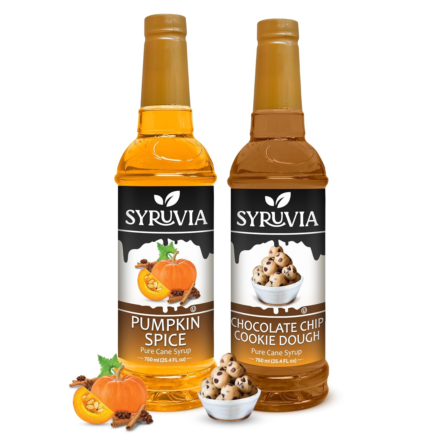 Syruvia Pumpkin Spice & Chocolate Chip Cookie Dough Coffee Syrup - 25.4 fl oz Premium Coffee Flavoring Syrup. Kosher and Gluten-Free. Perfect for Drinks, Sodas, Shakes, Desserts, & More.