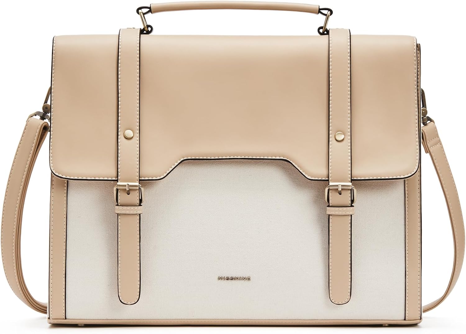 Missnine Laptop Bag 15.6 inch Canvas Messenger Bag for Women Professional Work Bag Shoulder Bag Travel, Office, School, Khaki+beige, Fashion Canvas Messenger Bag for Women
