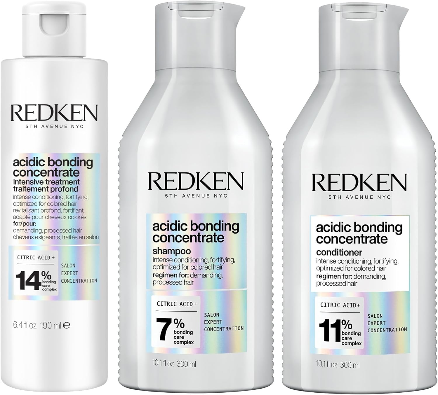 REDKEN Acidic Bonding Concentrate Intensive Pre-Treatment 190ml, Shampoo 300ml and Conditioner 300ml, For Damaged Hair, Bond Repair with Citric Acid
