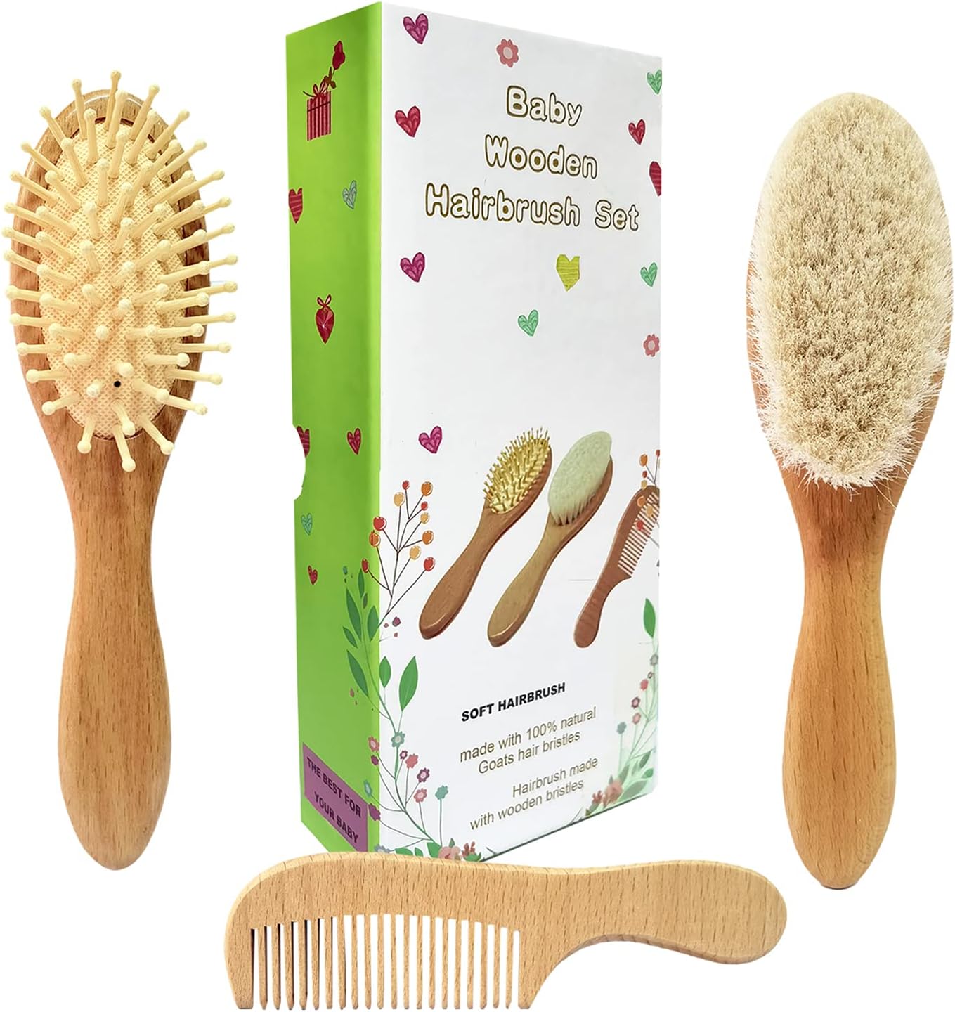 3 Piece Baby Hair Brush and Comb Set for Newborn - Natural Wooden Hairbrush with Soft Goat Bristles for Cradle Cap - Perfect Scalp Grooming Product for Infant, Toddler, Kids - Baby
