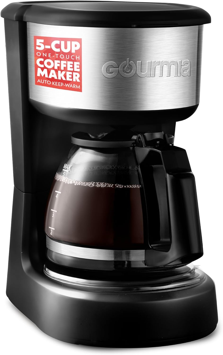 Gourmia 5-Cup One-Touch Drip Coffee Maker, Compact Countertop Coffee Machine with Auto Keep-Warm, Pause & Serve, Removable Filter Basket, Water-Level Indicator, Glass Carafe GCM3510