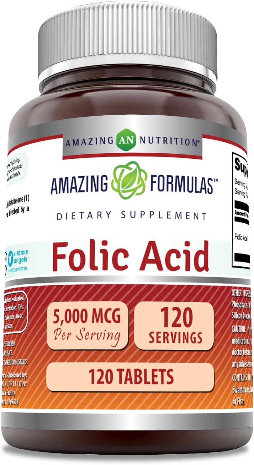 Amazing Formulas Folic Acid (Vitamin B9) Supplement | 5000 Mcg per Serving | 120 Tablets | Non-GMO | Gluten-Free | Made in USA