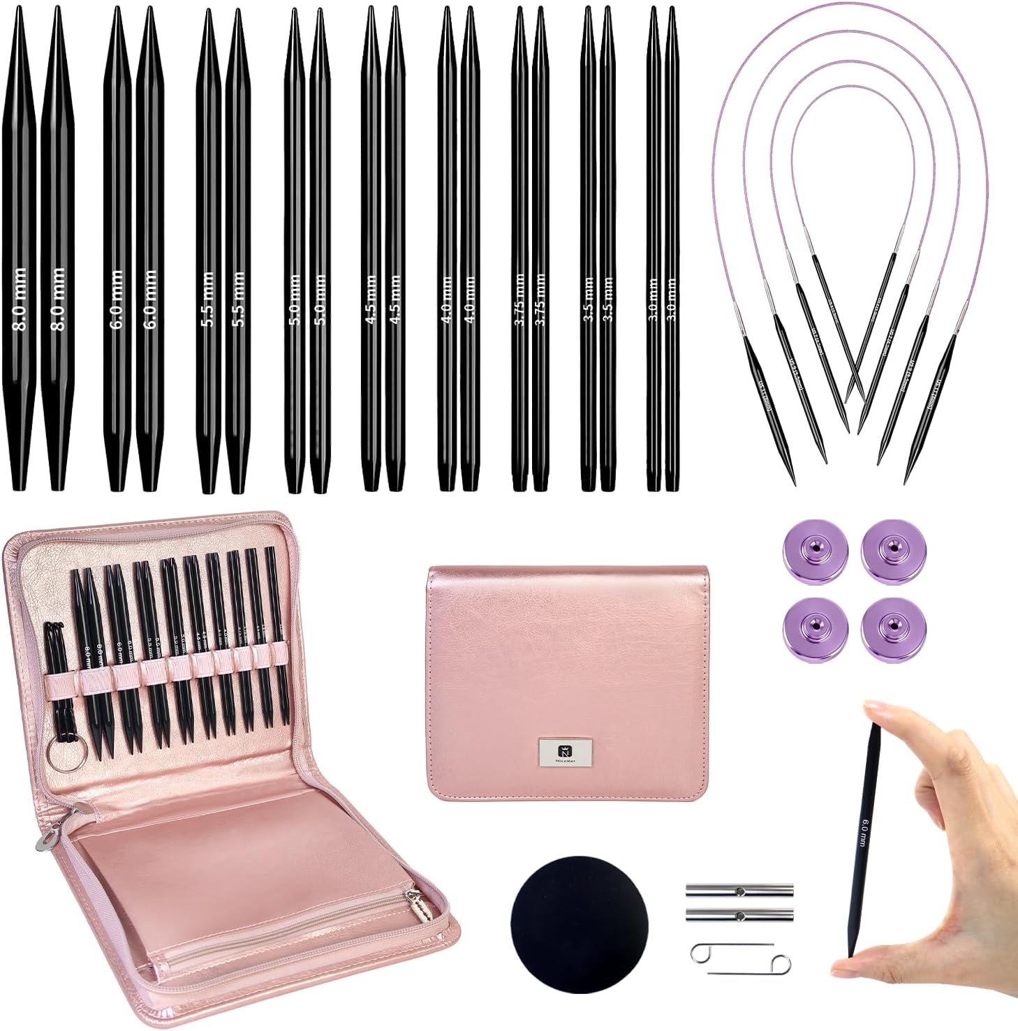 Knitiss 9 Pairs Interchangeable Circular Knitting Needles Set, 4.5inch/11.5cm Aluminum Interchangeable Knitting Needles and Swivel 360° Interchangeable Cables, Accessories and Case