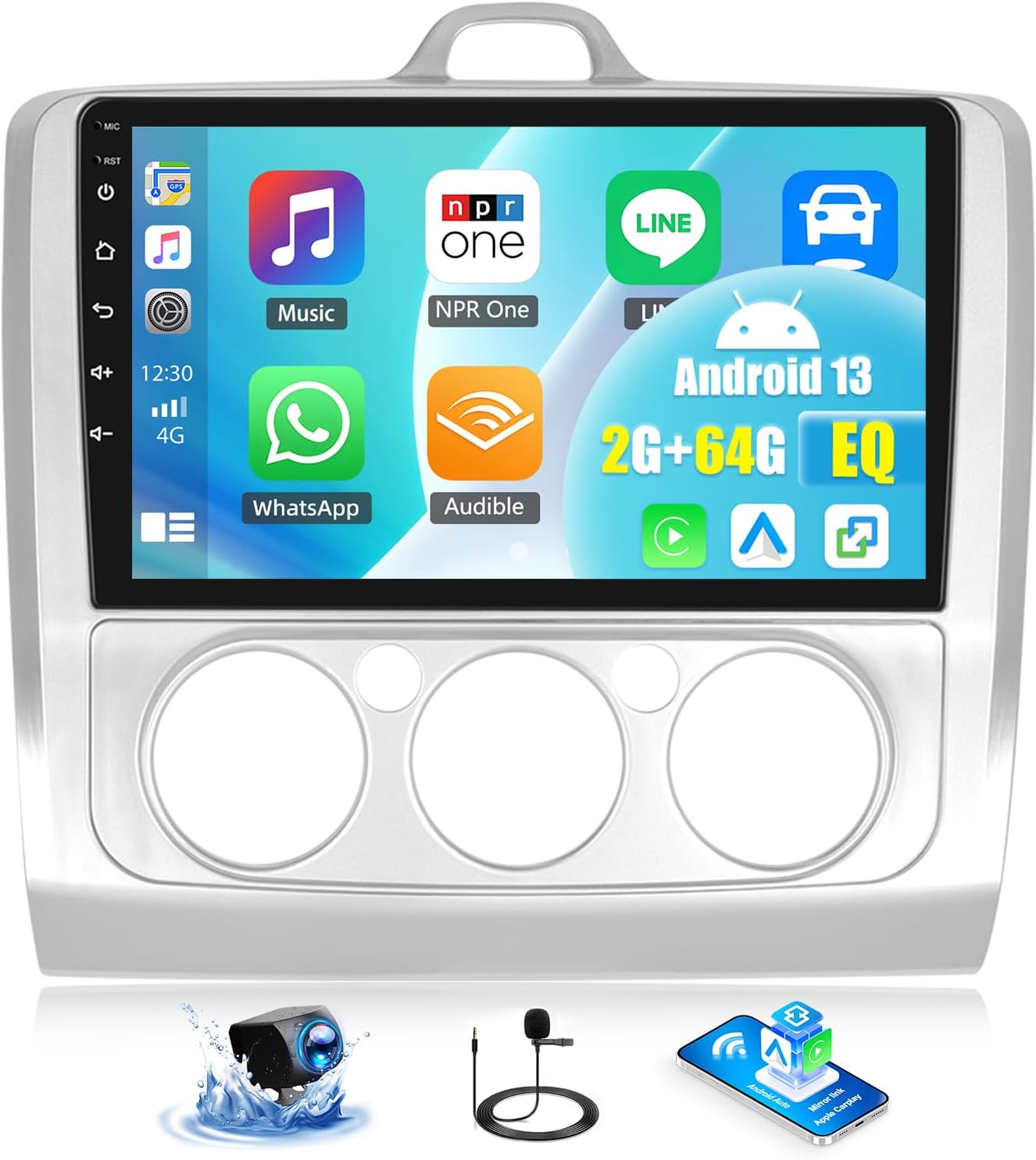 OiLiehu 2G+64G Android 13 Car Stereo for Ford Focus Exi MT 2 3 MK2/MK3 2004-2011 with Wireless CarPlay Android Auto, 9 inch 2 Din Radio with WiFi GPS Bluetooth Mirror Link EQ FM RDS SWC Backup Camera