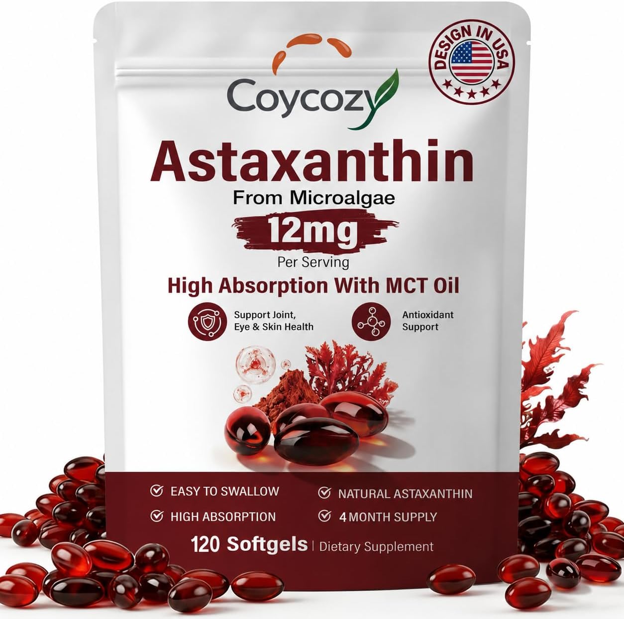 Astaxanthin 12mg Natural 120 Softgels Astaxanthin Supplement Antioxidant Support Eye Skin Joint Health | Internal Circulation,4 Month Supply| Non-GMO,Gluten-Free,No Soy (120 Count (Pack of 1))