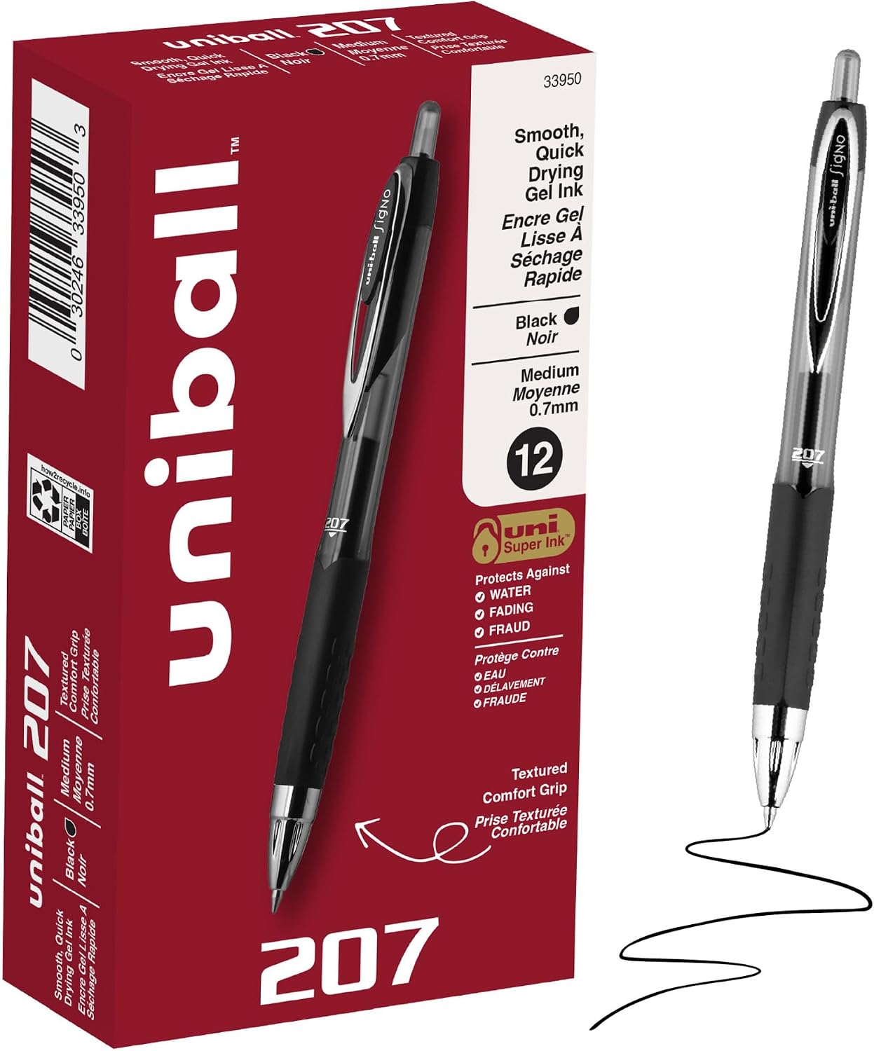 uniball™ 207 Gel Pens, Black Ink, 0.7mm Medium Point, Retractable, 12 Count