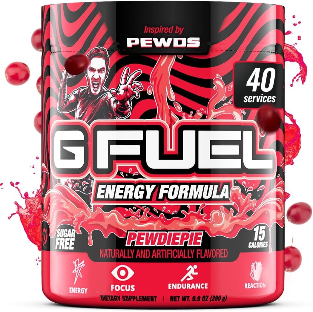G Fuel PewDiePie Energy Drink Powder, Pre Workout Caffeine Mix for Gaming, Sugar Free Focus Amino, Vitamin + Antioxidants, 9.9oz (Lingonberry, 40 Servings)