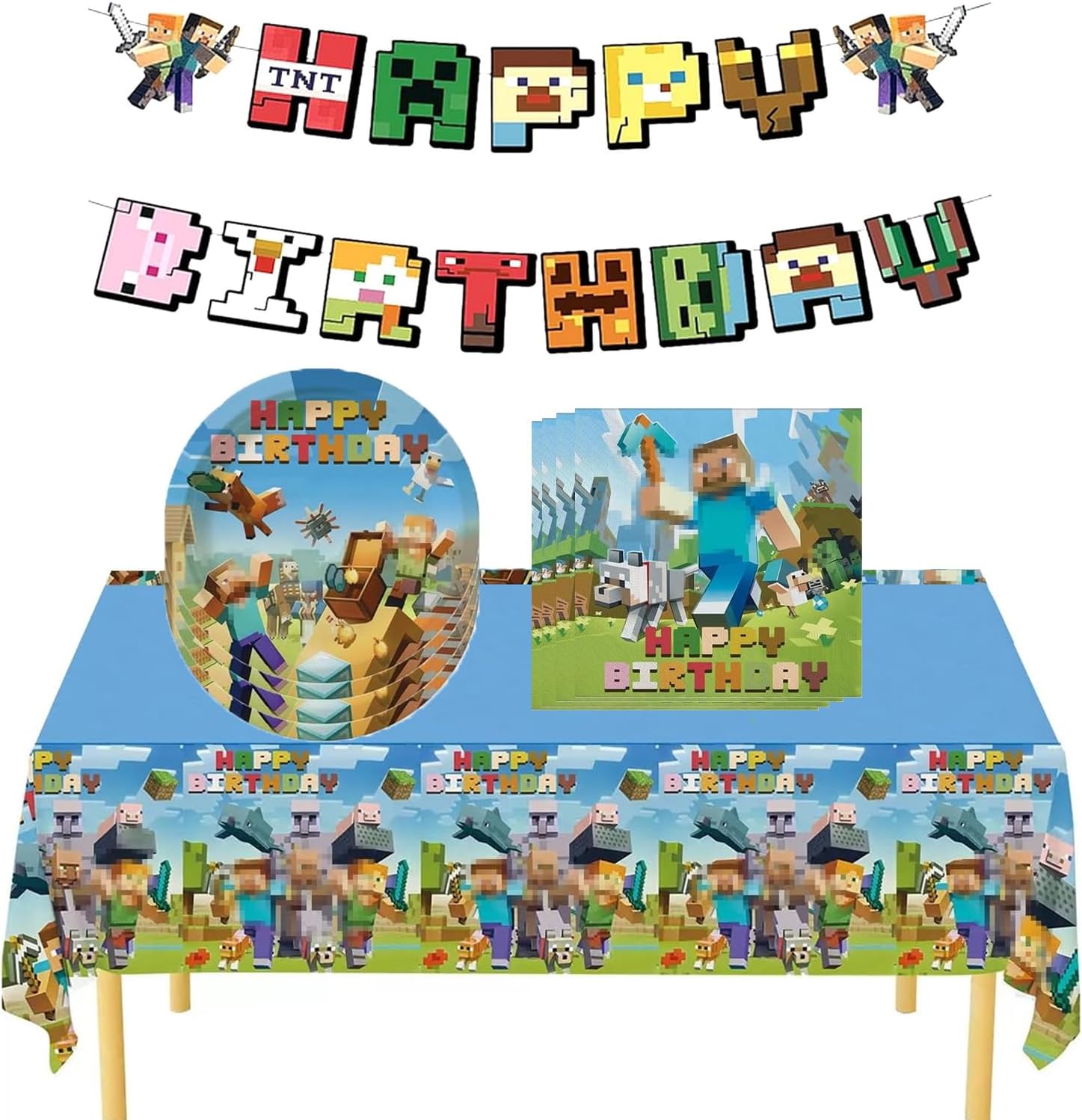 32 Pack Birthday Party Tableware Set, Decoration for Kids With 1 Tablecloth, 10 Plates, 20 Napkins, 1 Banner Party Favor Supplies (green)