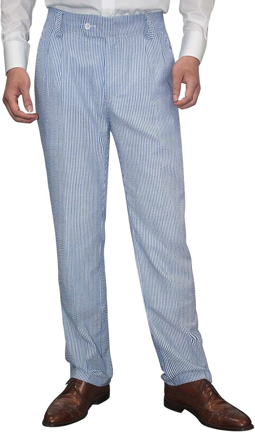 Men Seersucker Pinstripe Pants Mid Waist Ankle Length Pleated Front Lightweight