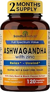 Sandhu Herbals Ashwagandha Supplement| 120 Organic 4 in 1 Capsules, 2 months supply| 8000mg with Zinc, Black Pepper & Holy Basil Extract| Stress Relief, Mood, Immune & Energy Support| Non-GMO