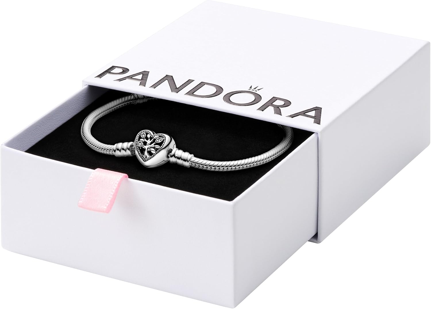 Pandora Moments Family Tree Heart Clasp Snake Chain Bracelet - Compatible Moments Charms - Gift for Her - Sterling Silver with Cubic Zirconia - With Gift Box