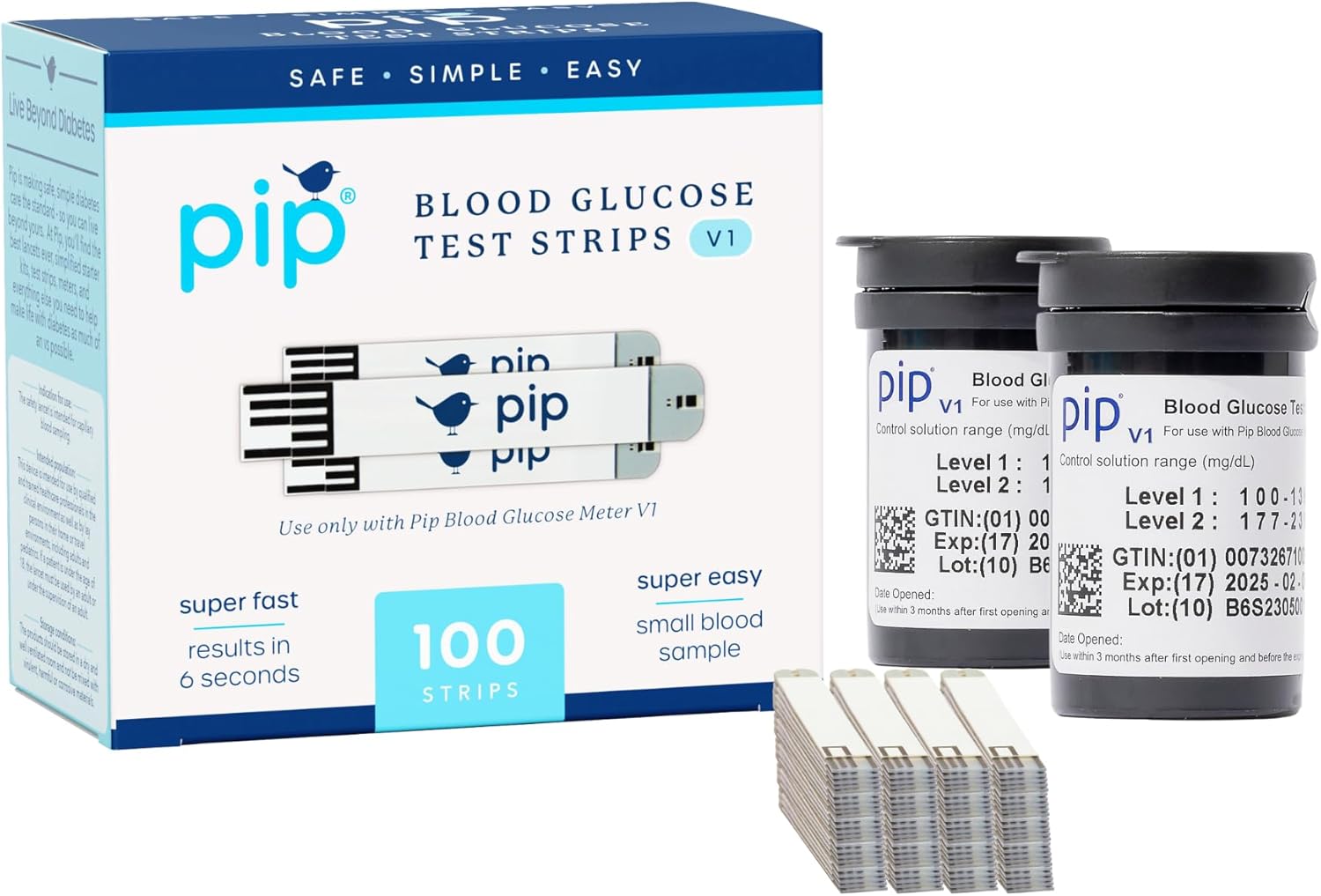 Pip V1 Blood Glucose Test Strips – 100 Count – Compatible Exclusively with Pip V1 Glucose Monitor – Accurate Blood Sugar Testing – Essential Diabetic Testing Supplies