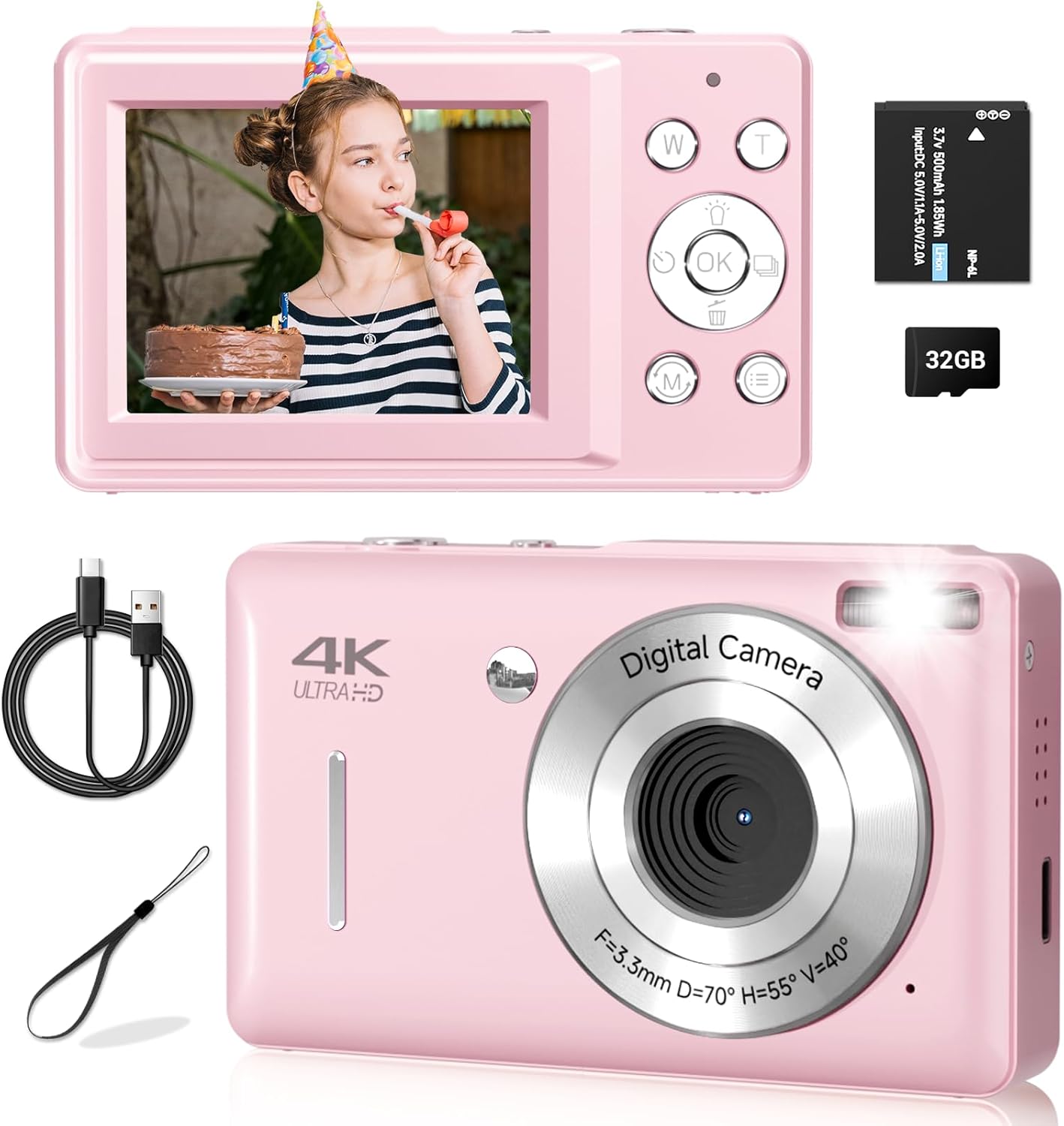 Digital Camera, Camera for Kids, FHD 1080P Point and Shoot Digital Cameras with 16X Zoom, Face Detect, Smile Capture, Anti Shake, for Boys Girls Teens Gifts (Pink)