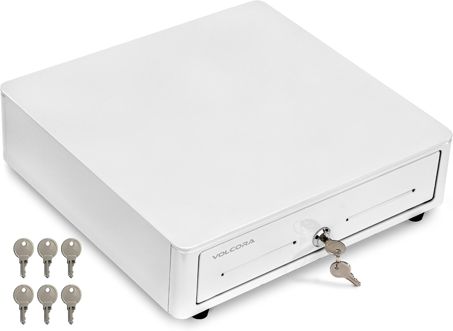 Volcora Cash Register Drawer for (POS) Point of Sale System with Round Corner 13", Removable Coin Tray, 4 Bill/5 Coin, 24V, RJ11/RJ12 Key-Lock, Media Slot,Cash Till for Businesses, White