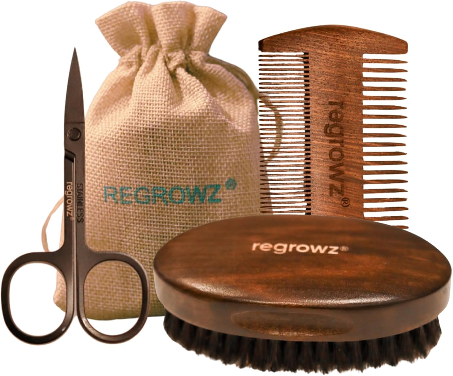 Regrowz Mens Beard Grooming Kit & Gift - Beard Brush for Men with Wooden Boar Bristle Brush, Scissors & Anti Static Beard Comb - Travel Beard Care & Moustache Set for Mens Grooming & Self Shaving Care