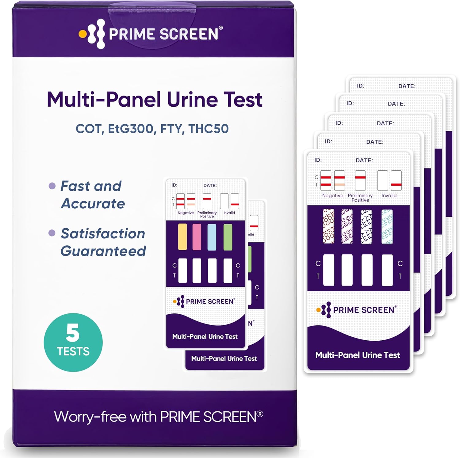 Prime Screen Multi-Panel Urine Test - Testing for THC, Nicotine (COT), Alcohol Test (EtG) -[5 Pack]